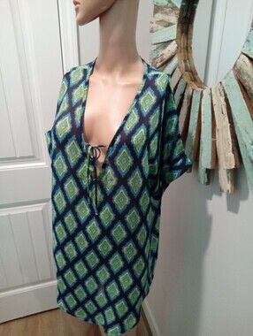 Francesca's Sz S/M Swimsuit CoverUp Colorful Blue, Green & White Diamond Pattern